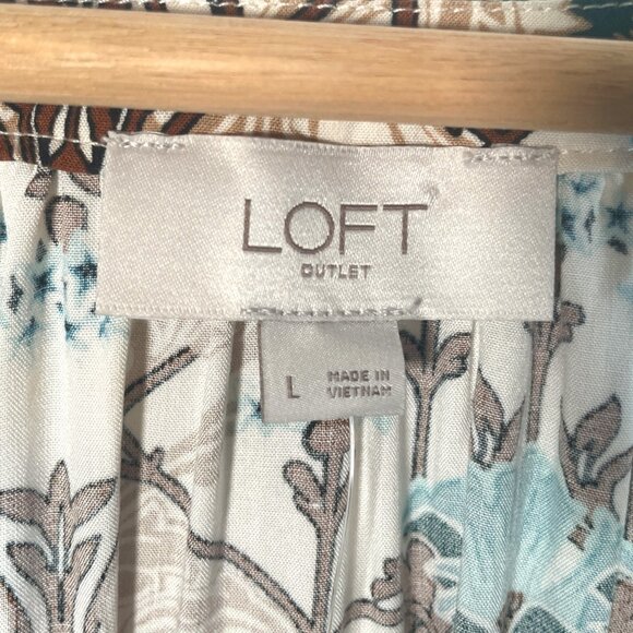 LOFT V-neck Popover BlouseTop LARGE Eclectic Boho Earth Tone Teal Accent NEW - Picture 4 of 8